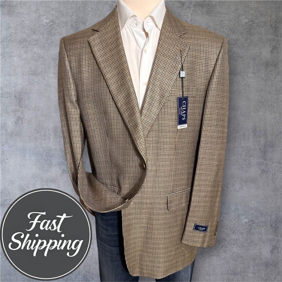 CHAPS Mens Blazer 46L Sport Coat 2-Button Jacket Tan 100% SILK Houndstooth - Picture 1 of 13